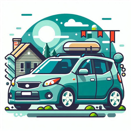Car on the road. Vector illustration in flat style. Cartoon style.のイラスト素材