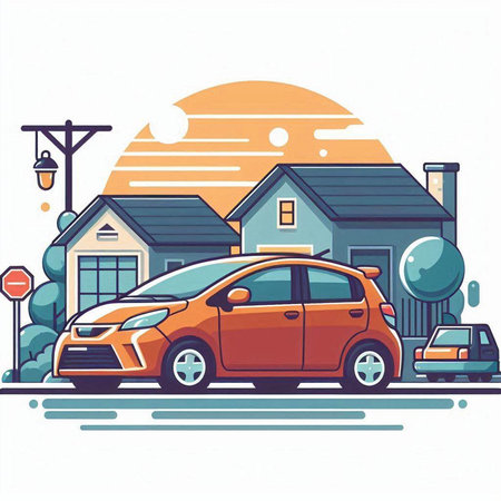 Car on the street. Vector illustration of a city road with cars.のイラスト素材