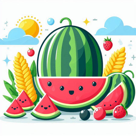 Vector illustration of watermelon and wheat on white background. Flat cartoon style.のイラスト素材