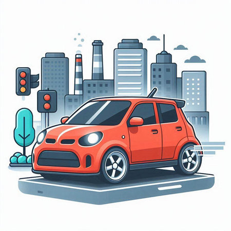Vector illustration of a red car on the background of the city.のイラスト素材