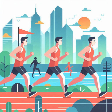 Running people. Men and women jogging in city park. Vector illustration in flat styleのイラスト素材