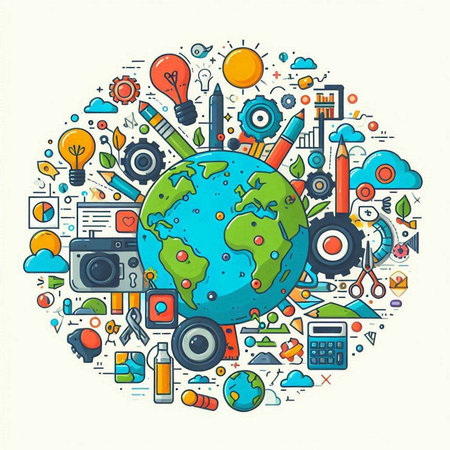 Colorful vector illustration of globe with different icons and symbols. World environment day conceptのイラスト素材