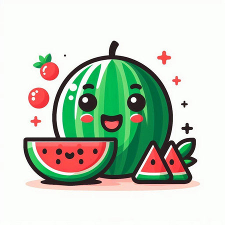 Cute cartoon watermelon character. Vector flat cartoon kawaii illustrationのイラスト素材