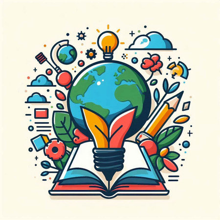 Back to school. Vector line art illustration of open book with globe and school supplies.のイラスト素材