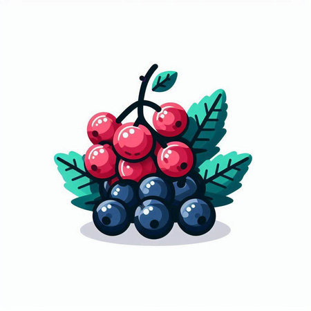 Bunch of red and black berries with green leaves. Vector illustration.のイラスト素材