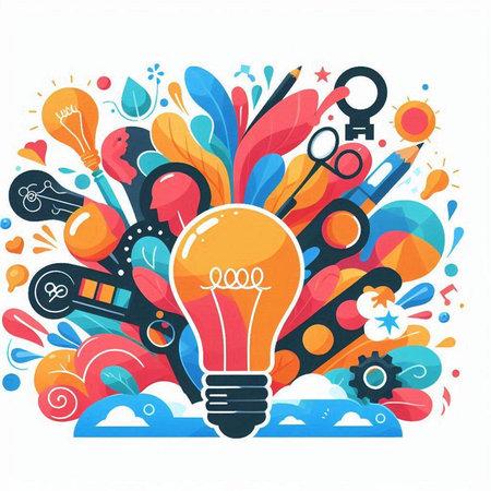 Creative idea concept with light bulb and different icons. Vector illustration.のイラスト素材