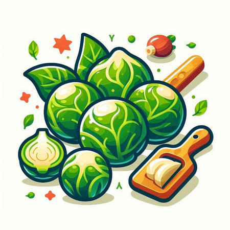 Illustration of fresh brussels sprouts with herbs and spicesのイラスト素材