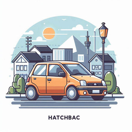 Vector illustration of a city street with a car. Flat style.のイラスト素材