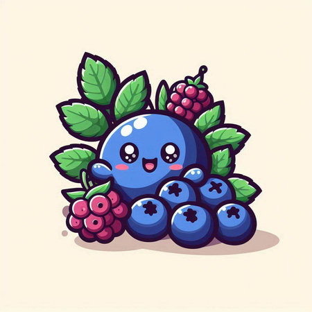 Cute cartoon blueberry fruit character with berries. Vector illustration.のイラスト素材