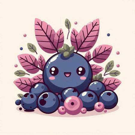Cute cartoon blueberry with berries and leaves. Vector illustration.のイラスト素材
