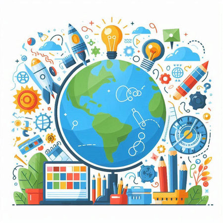 Back to school concept with globe and school supplies. Vector illustration.のイラスト素材