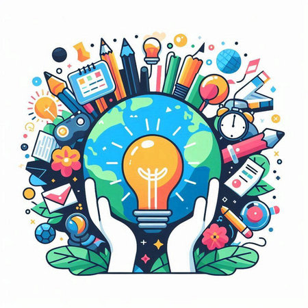 Hand drawn vector illustration of a lightbulb in the shape of a globe, surrounded by various office supplies.のイラスト素材