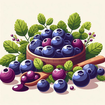 Blueberries in a wooden bowl with a spoon. Vector illustration.のイラスト素材