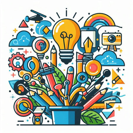 Creative idea and innovation concept. Line art vector illustration with different icons and elements.のイラスト素材