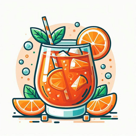 Cocktail with orange, lime and ice. Vector illustration.のイラスト素材