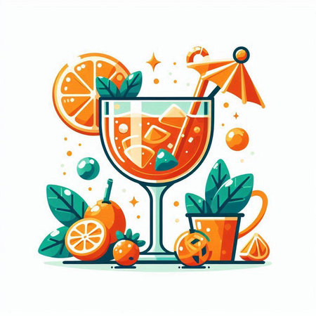 Cocktail with orange, lemon and mint. Vector illustration.のイラスト素材