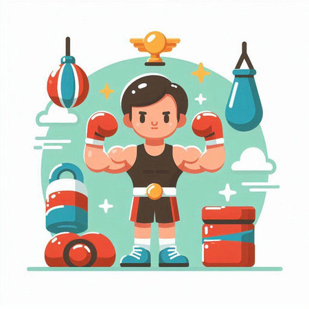 Cartoon vector illustration of a little boy in boxing gloves and equipment.のイラスト素材