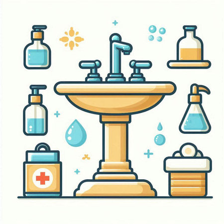 Faucet and sanitizer. Hygiene and healthcare concept. Vector illustration.のイラスト素材