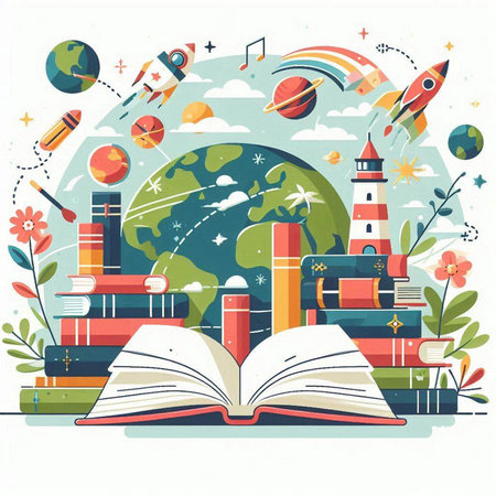 Vector illustration of open book, rocket and globe. Education concept.のイラスト素材