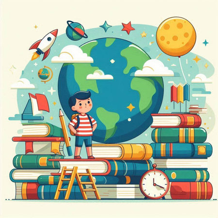 Vector illustration of a boy with a pencil standing on a pile of books near the globe. Back to school.のイラスト素材