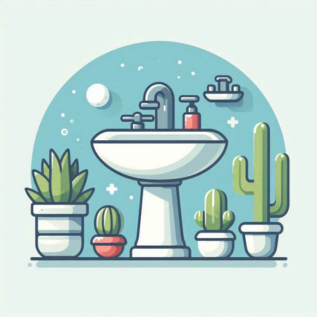 Bathroom interior with sink, faucet and cactiのイラスト素材