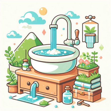 Bathroom interior design. Bathtub, washbasin, towels, pillows, plants and other items. Vector illustration.のイラスト素材