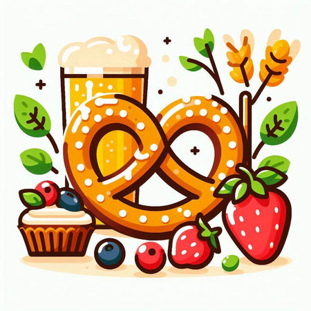 Bavarian pretzel with fresh berries and cupcake. Vector illustration.のイラスト素材