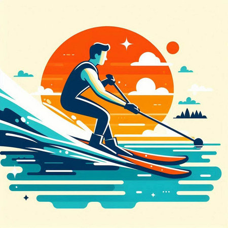 Illustration of a man skiing in the sea. Vector illustration.のイラスト素材