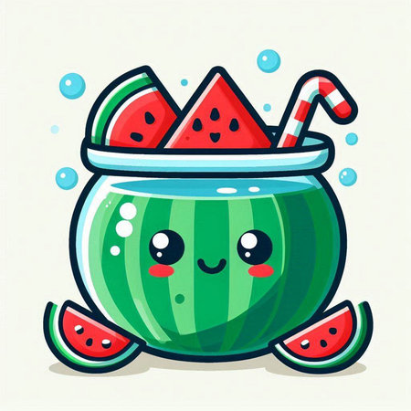 Cute cartoon watermelon character in a bowl with watermelons. Vector illustration.のイラスト素材
