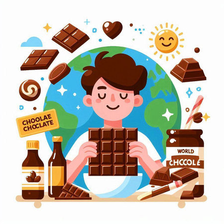 Cute boy with chocolate. Vector illustration of a happy boy eating chocolate.のイラスト素材