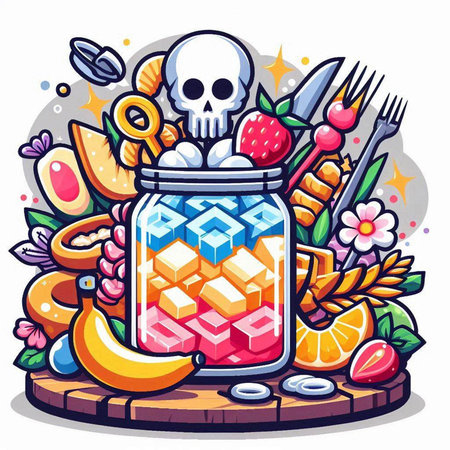 Vector cartoon illustration of a glass jar full of fruits and sugar.のイラスト素材