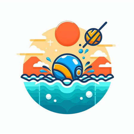 Water sport round icon. Swimming pool with ball, net and sun. Vector illustrationのイラスト素材