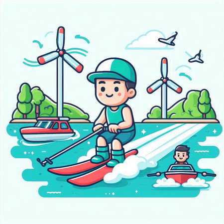 Cute little boy riding a boat on the river. Vector illustrationのイラスト素材