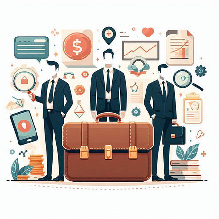Businessman with briefcase and business icons. Vector illustration in flat styleのイラスト素材