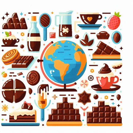 Coffee and sweets flat icons set. Vector illustration of chocolate, ice cream, cocoa, milk, chocolate bar, chocolate syrup, cupcake, biscuit, chocolate bar.のイラスト素材