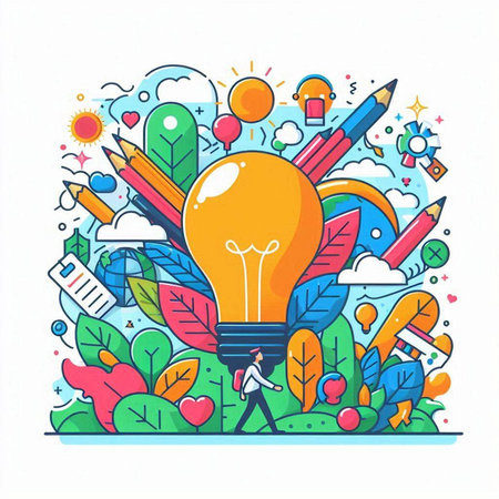 Hand drawn vector abstract stock graphic illustration with young businessman and light bulb on white backgroundのイラスト素材