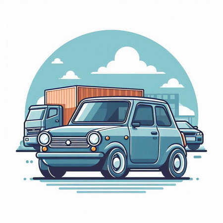 Vector illustration of a blue car on the road with cargo container.のイラスト素材