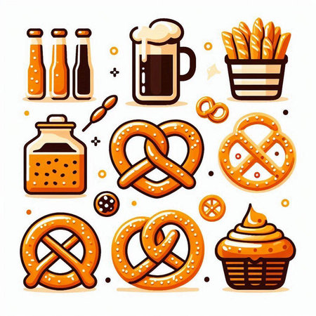 Set of different types of pretzels and beer. Vector illustrationのイラスト素材