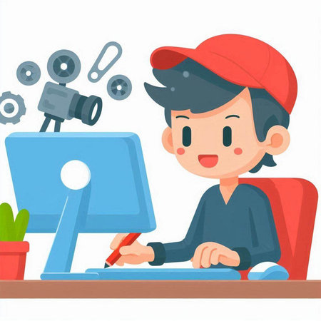 Illustration of a man working on a computer with a video cameraのイラスト素材