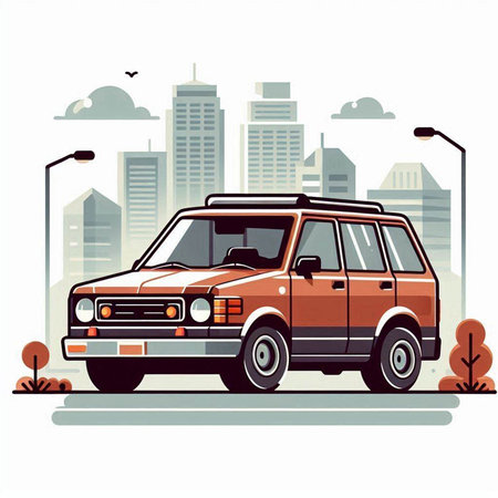 Retro car in the city. Vector illustration in flat style.のイラスト素材