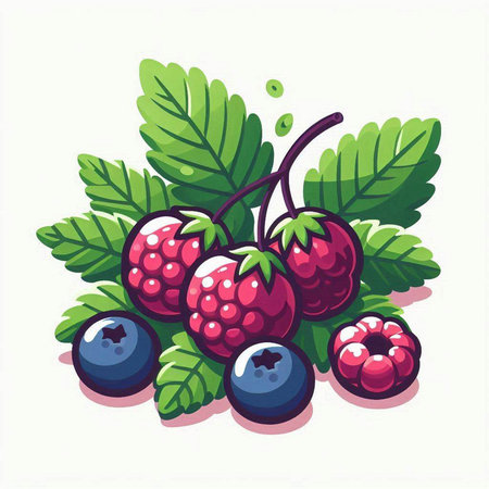 Bunch of raspberries and blueberries. Vector illustration.のイラスト素材