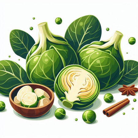 Brussels sprouts and spices on white background. Vector illustration.のイラスト素材