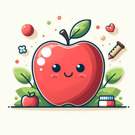 Cute cartoon apple character with fruits and vegetables. Vector illustration.のイラスト素材