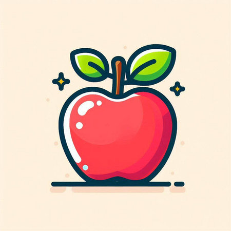 Apple icon. Vector illustration of a red apple with green leaves.のイラスト素材