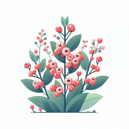 Cute hand drawn vector illustration of red flowers and green leaves. Isolated on white background.のイラスト素材