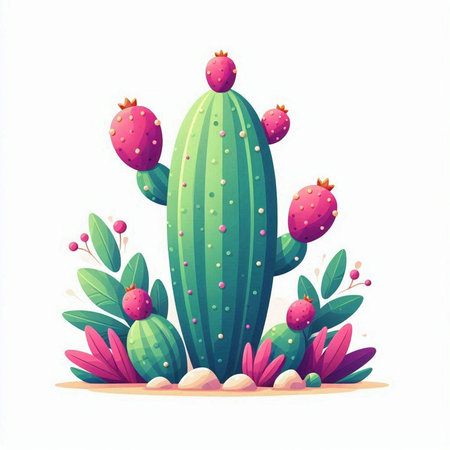 Cactus with flowers and leaves. Vector illustration in cartoon style.のイラスト素材