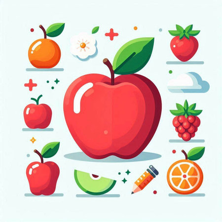 Fruit icons set. Apple, apple, grape, orange, cherry, apple, strawberry, kiwi, pomegranate, lemon, apple, leaf, flower, leaf, watermelon, strawberrycot. Vector illustration.のイラスト素材