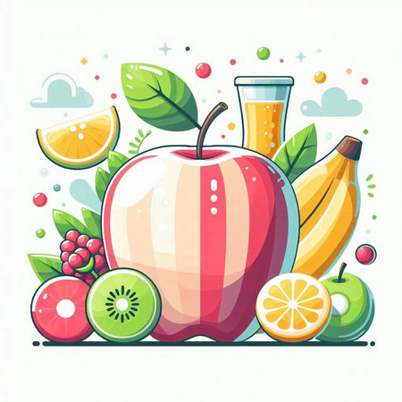 Fruit juice in glass with apple, kiwi, orange, lemon, grapefruit, cherry. Vector illustration.のイラスト素材