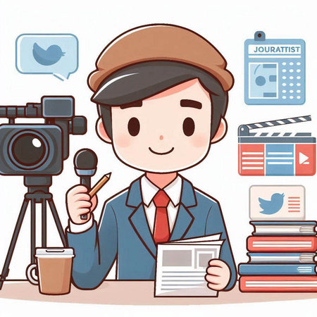 Cameraman with newspaper and camera. Vector illustration in cartoon style.のイラスト素材