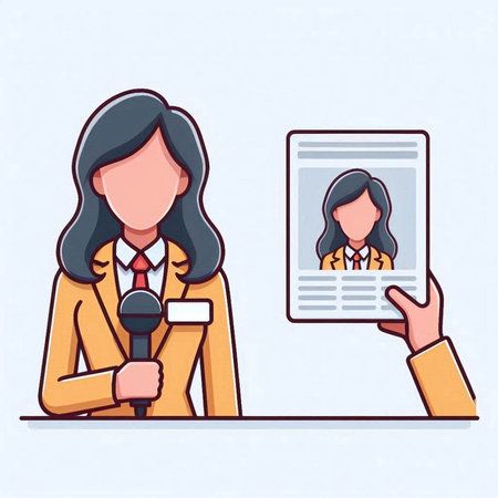 Female journalist with microphone and photo frame. Flat style vector illustration.のイラスト素材
